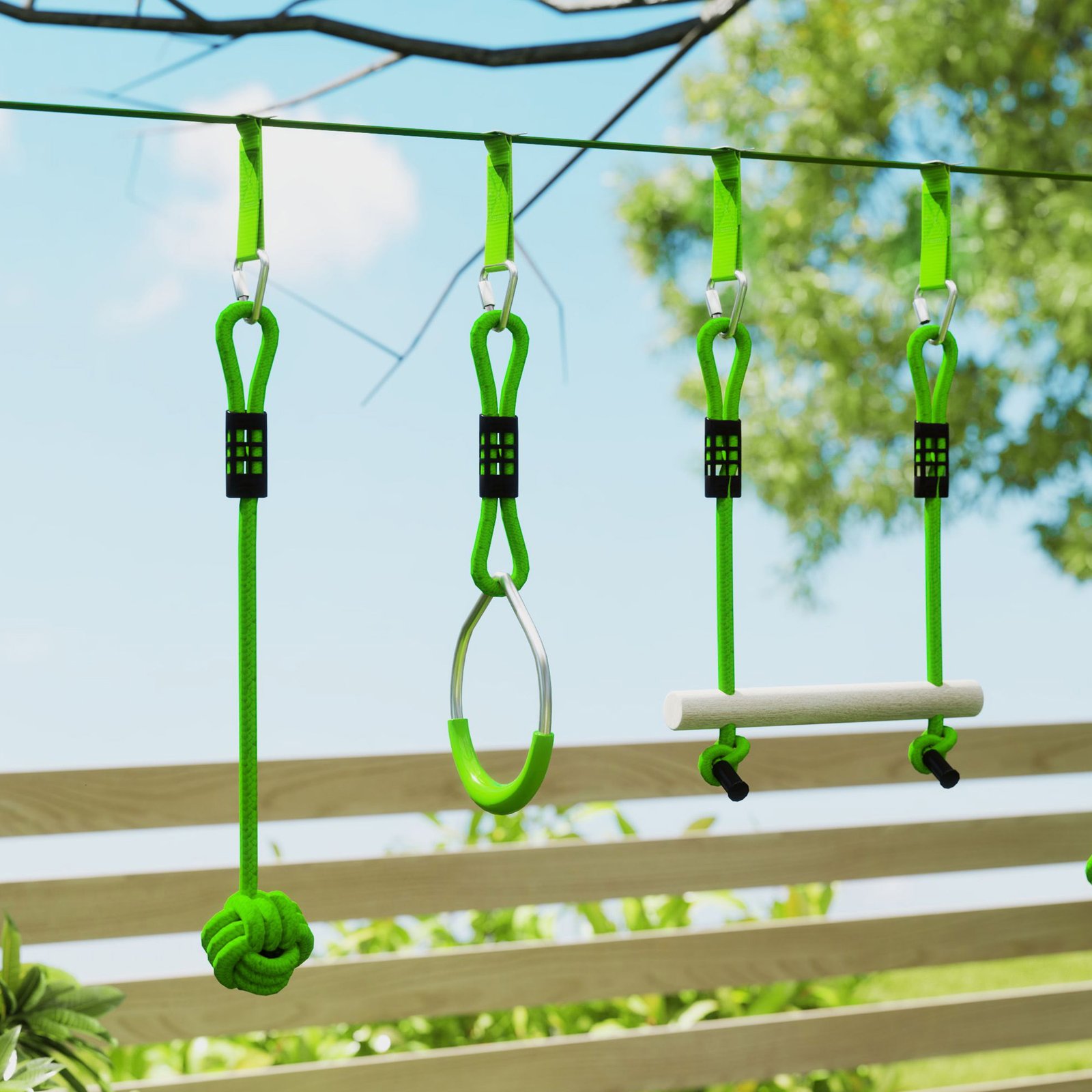 AIYAPLAY Obstacle course for Kids, with 10-Piece Slackline Kit with Monkey Bars, Gym Rings, Rope Ladder, Nest Swing, Hanging Tray - Image 8