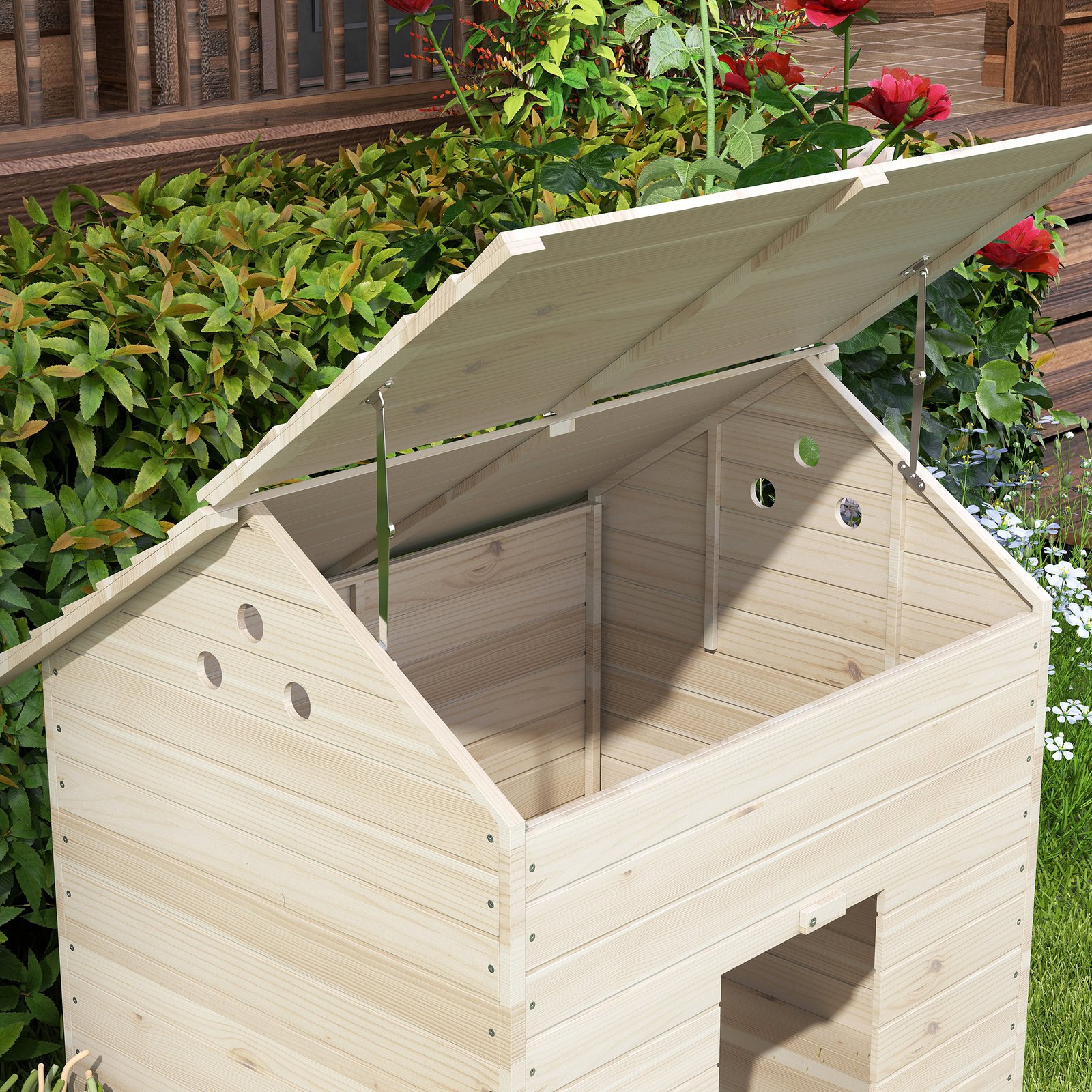 PawHut Wooden Duck House Poultry Coop for 2-4 Ducks with Openable Roof Raised Feet Air Holes Natural - Image 8