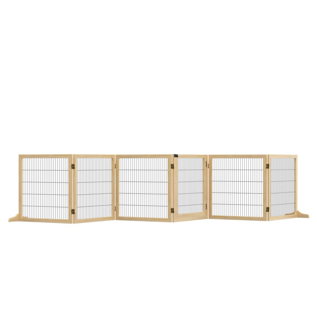 PawHut Wooden Pet Gate, Freestanding Dog Security Barrier with Two Support Feet – Natural Tone PawHut Wooden Pet Gate, Freestanding Dog Security Barrier with Two Support Feet – Natural Tone