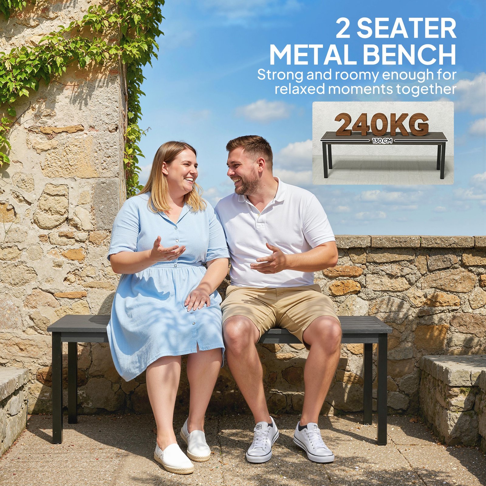 Outsunny 2 Seater Garden Bench, Outdoor Bench Loveseat with Wood-Effect Slatted Seat and Steel Frame for Patio, Park, Grey - Image 5