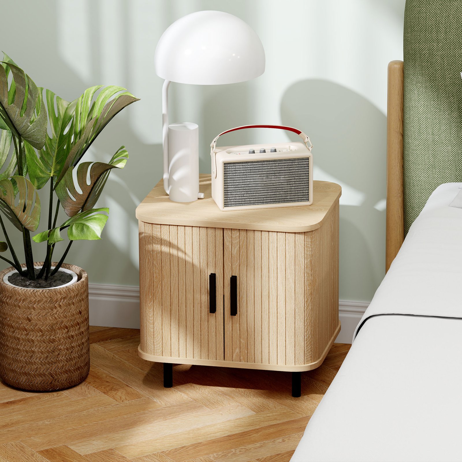 HOMCOM Bedside Table, Nordic Side Table with Roller Shutter Style Sliding Doors and Metal Legs for Bedroom, Living Room, Oak Tone - Image 2