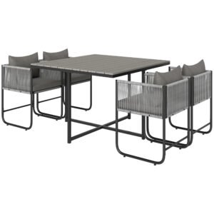 Outsunny 4 Seater Rattan Cube Garden Furniture Set, Rattan Dining Set with Cushions, Outdoor Dining Table and Chairs with Rectangular Wood Grain Plastic Top Table for Patio, Balcony, Grey