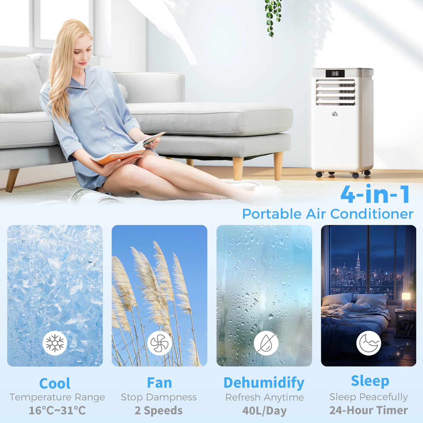 HOMCOM 10000 BTU Air Conditioning Unit, 4-in-1 Portable Air Conditioner, Dehumidifier, Cooling, Fan, Sleep Mode, with Remote Control, LED Display, 2 Speeds, 24H Timer, Window Venting Kit, 22m² - Image 4