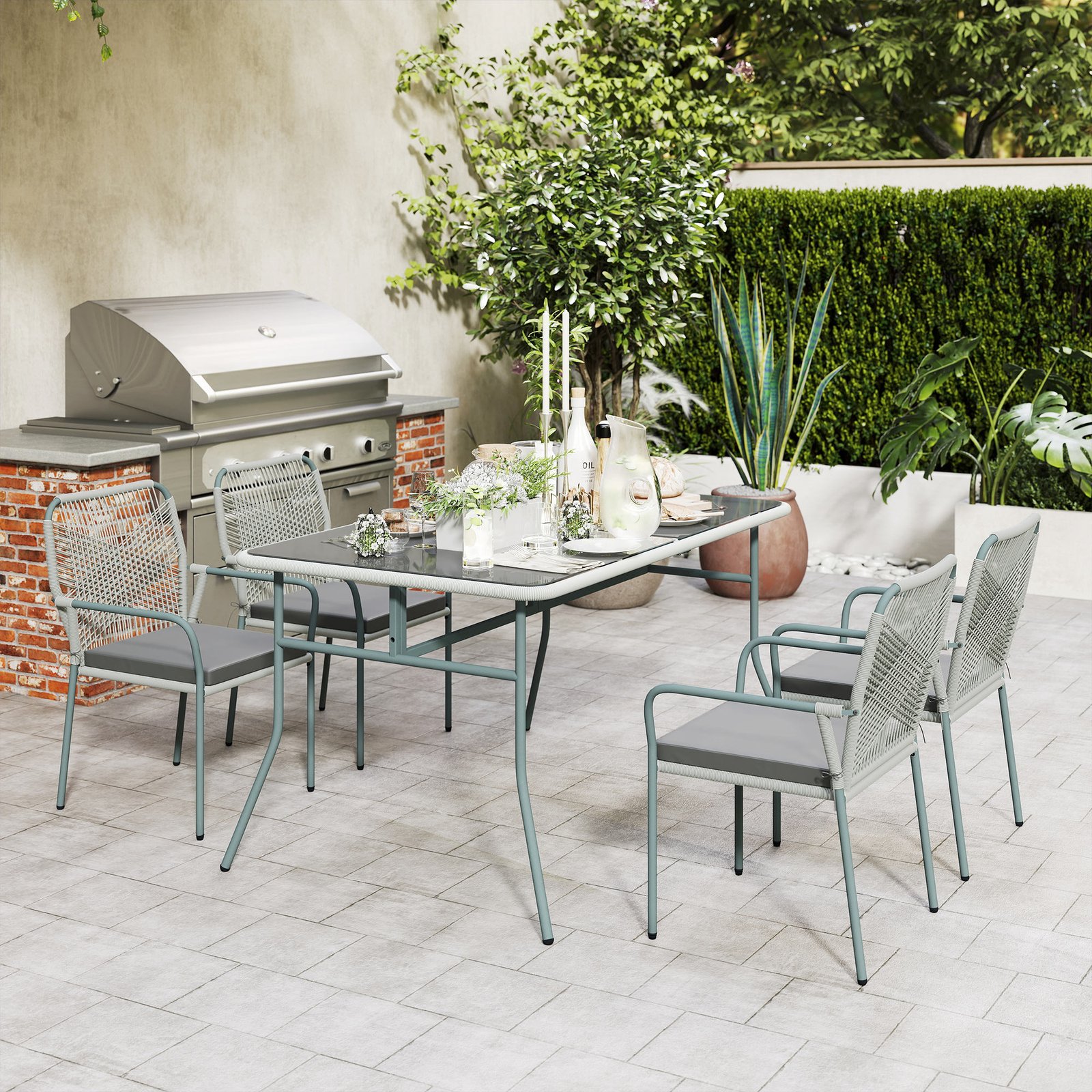 Outsunny Five-Piece PE Rattan Garden Dining Set with Cushions & Stackable Chairs - Light Grey - Image 9