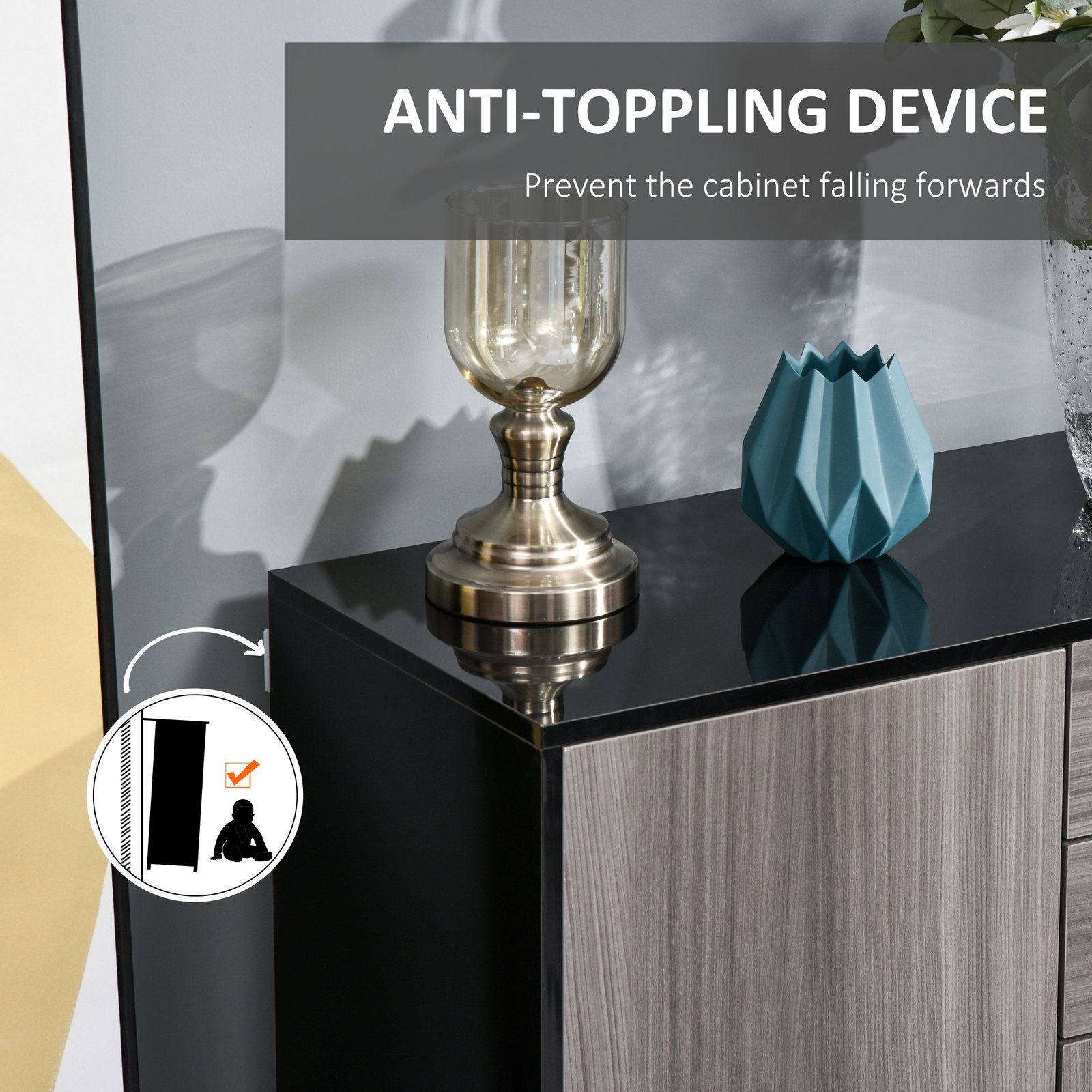 HOMCOM High Gloss Side Cabinet, Push-Open Design with 2 Drawers and 2 Cabinets for Living Room, 74H x 117W x 36Dcm, Light Grey and Black - Image 7