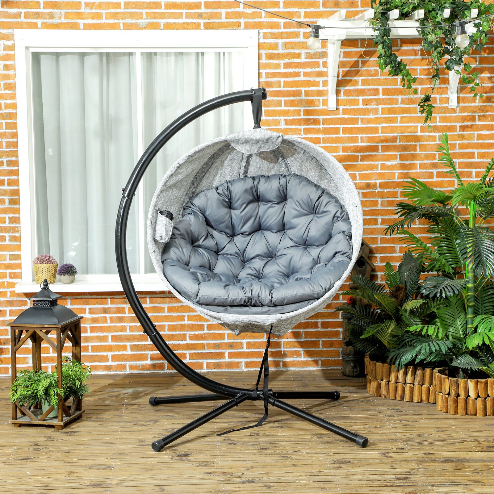 Outsunny Hanging Egg Chair Outdoor Indoor Garden Swing Chair with Folding Basket, Thickened Cushion, Cup Holder for Patio, Balcony, Grey - Image 8