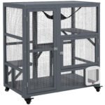 PawHut Cat House, Wooden Indoor Catio Cat Enclosure on Wheels, Wooden Kitty Cage with Platforms, Hammock, Light Grey