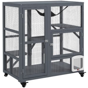PawHut Cat House, Wooden Indoor Catio Cat Enclosure on Wheels, Wooden Kitty Cage with Platforms, Hammock, Light Grey