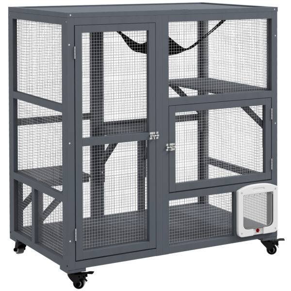 PawHut Cat House, Wooden Indoor Catio Cat Enclosure on Wheels, Wooden Kitty Cage with Platforms, Hammock, Light Grey