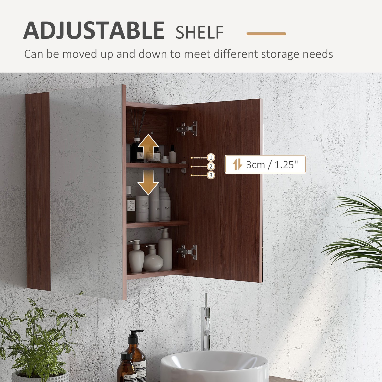 kleankin Double Door Bathroom Mirror Cabinet, Wall Mounted Bathroom Storage Cabinet, Soft Closing, 63L x 60Hcm - Image 5