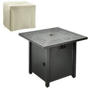 Outsunny Square Propane Gas Fire Pit Table, 40000 BTU Rattan Smokeless Firepit Patio Heater with Protective Cover, Glass beads and Lid, 71cm x 71cm x 63cm, Black