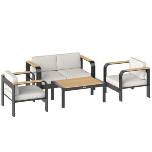 Outsunny 4 Seater Aluminium Garden Furniture Set, Olefin Cushions, Garden Sofa Set with Loveseat, Armchairs, Table, Beige