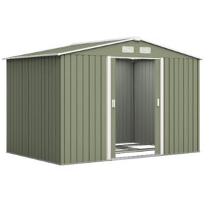 Outsunny 9 x 6ft Metal Garden Shed, Waterproof Outdoor Bike Storage Shed Galvanised with Vents, Foundation Kit, Apex Roof and Lockable Double Doors for Patio Lawn, Light Green