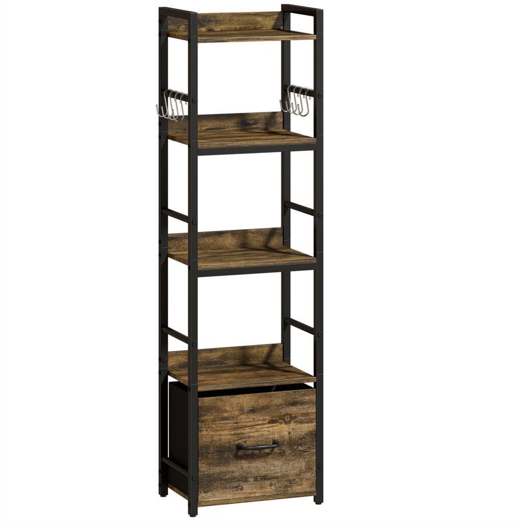 HOMCOM 4-Tier Bookshelf, Narrow Bookcase with Drawer, 8 Hooks, Metal Frame, Rustic Brown HOMCOM 4-Tier Bookshelf, Narrow Bookcase with Drawer, 8 Hooks, Metal Frame, Rustic Brown