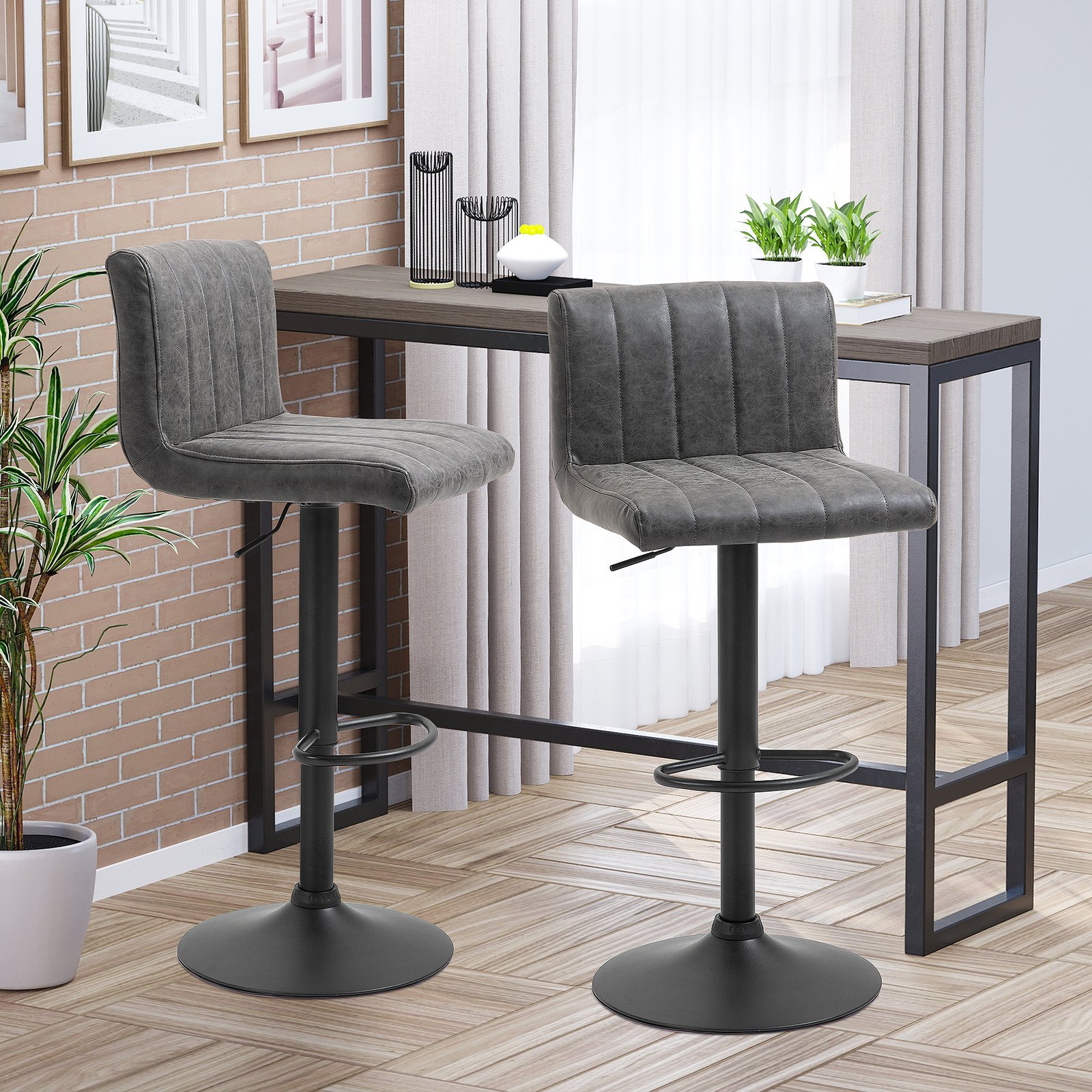 HOMCOM Adjustable Barstools Set of 2, Swivel Counter Bar Chairs, Bar Stools with Footrest, PU Leather, Gas Lift, Grey - Image 2