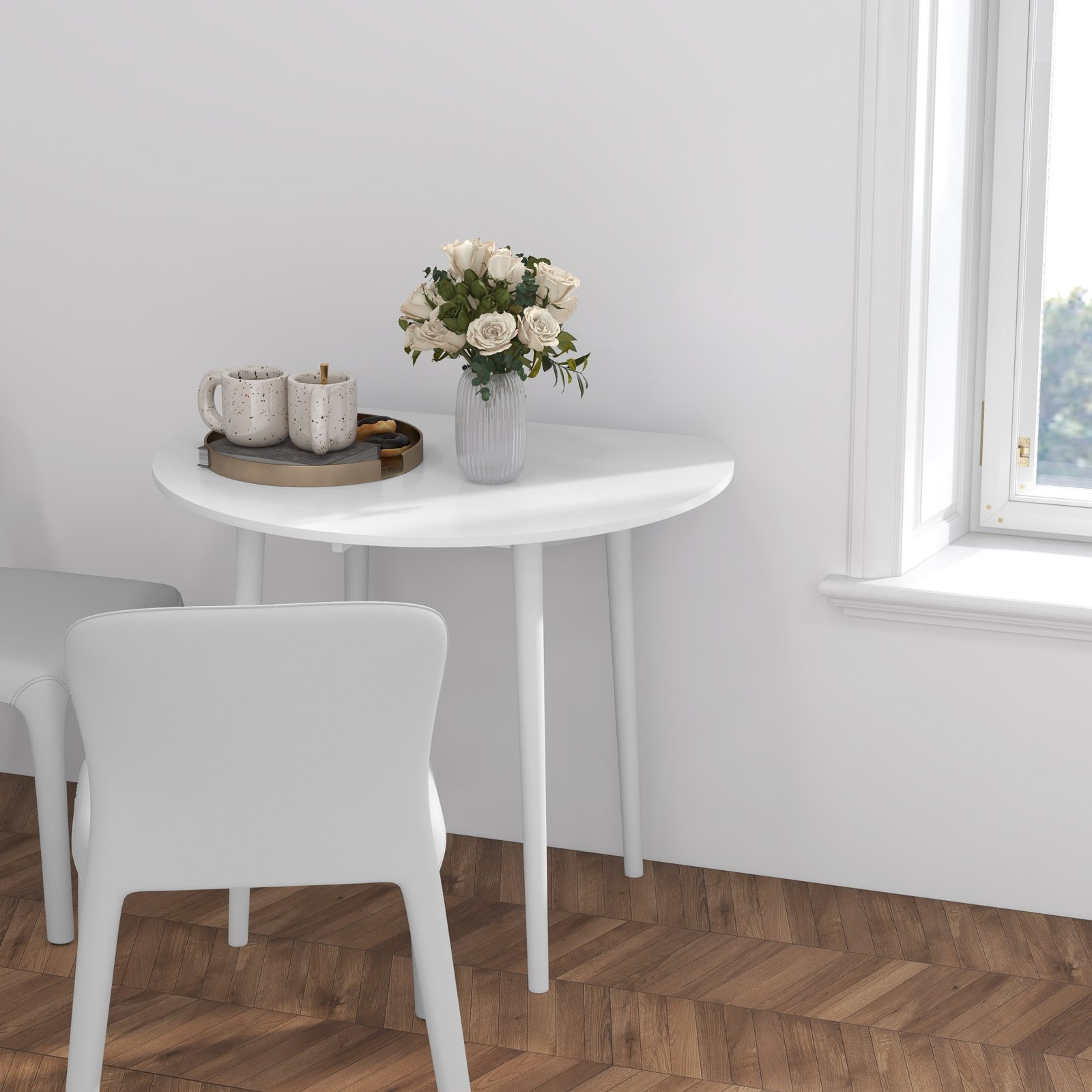 HOMCOM Folding Dining Table for 4, Round Drop Leaf Table, Modern Space Saving Small Kitchen Table with Wood Legs for Dining Room, White - Image 7