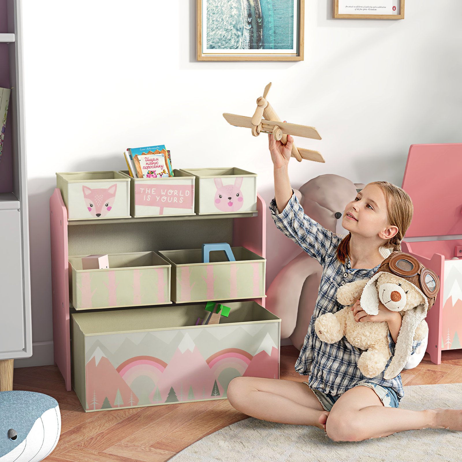 ZONEKIZ Kids Storage Unit, Toy Storage Organiser, with Six Fabric Bins, for Bedrooms, Playrooms, Nurseries - Pink - Image 2