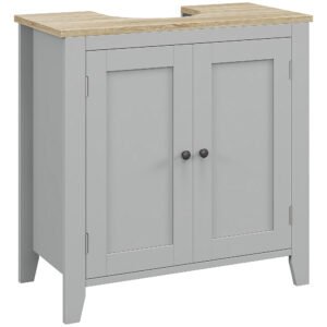 kleankin Under Sink Cabinet, Bathroom Sink Cabinet with 2 Doors, Pedestal Under Sink Design, Freestanding Bathroom Cupboard with Adjustable Shelf, Grey
