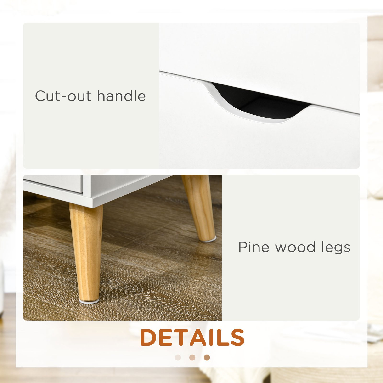 HOMCOM Bedside Table, Bedside Cabinet with 2 Drawers, Side End Table with Pine Wood Legs for Bedroom Living Room, White - Image 6