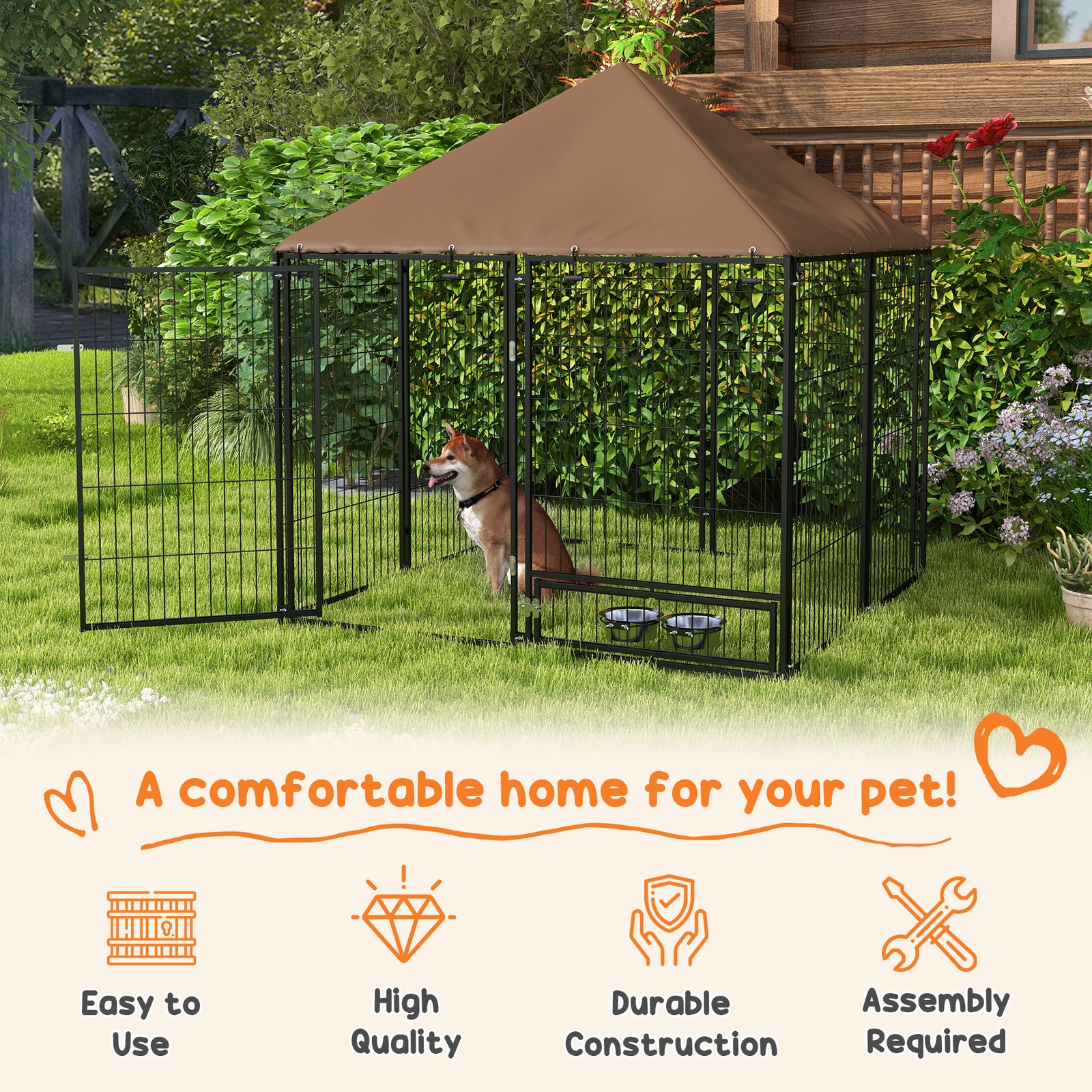 PawHut Outdoor Dog Kennel Puppy Play Pen with Canopy Garden Playpen Fence Crate Enclosure Cage Rotating Bowl 141 x 141 x 151 cm - Image 4