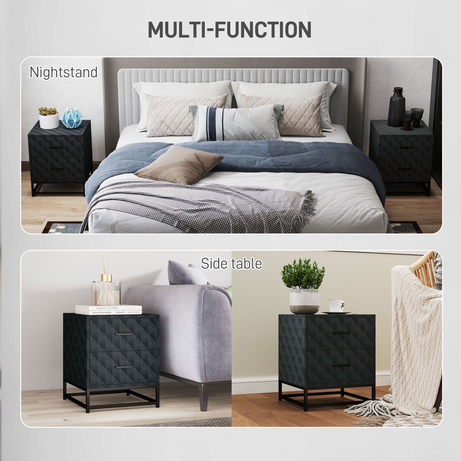 HOMCOM Bedside Tables Set of 2, Modern Bedside Table Nightstand with 2 Drawers, Bedside Cabinet Sofa Side Table with Storage, Steel Legs for Bedroom, Living Room, Black - Image 7