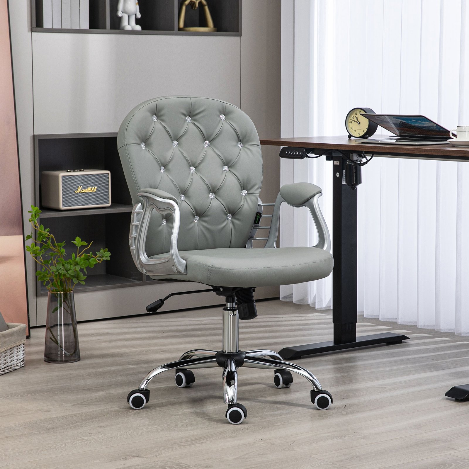 Vinsetto Office Chair Ergonomic 360° Swivel PU Diamante Padded Base 5 Castor Wheels for Home Work Grey - Image 2