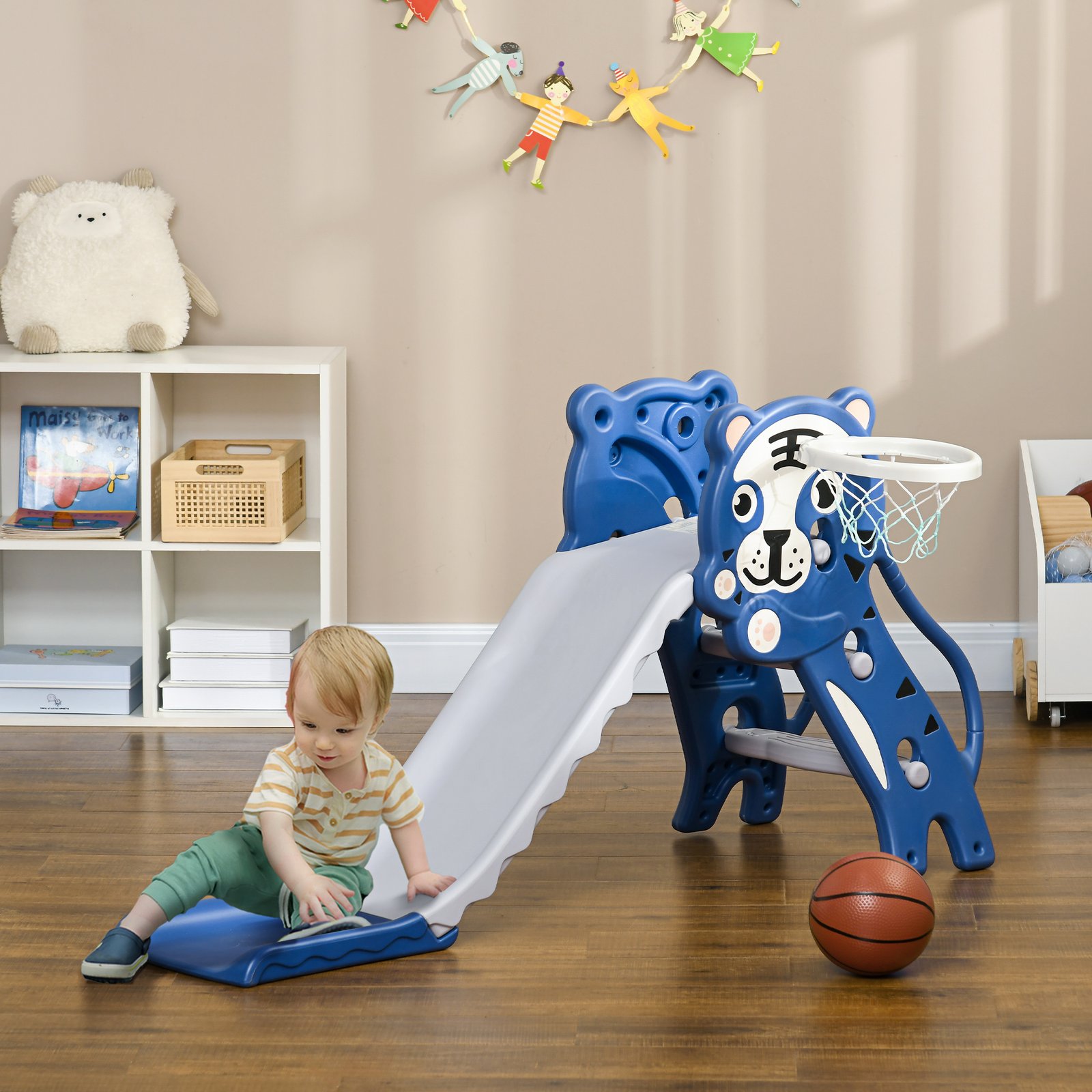 AIYAPLAY 3 in 1 Baby Slide for Indoor Use with Climber, Basketball Hoop, Basketball, for Ages 18-36 Months - Blue - Image 2
