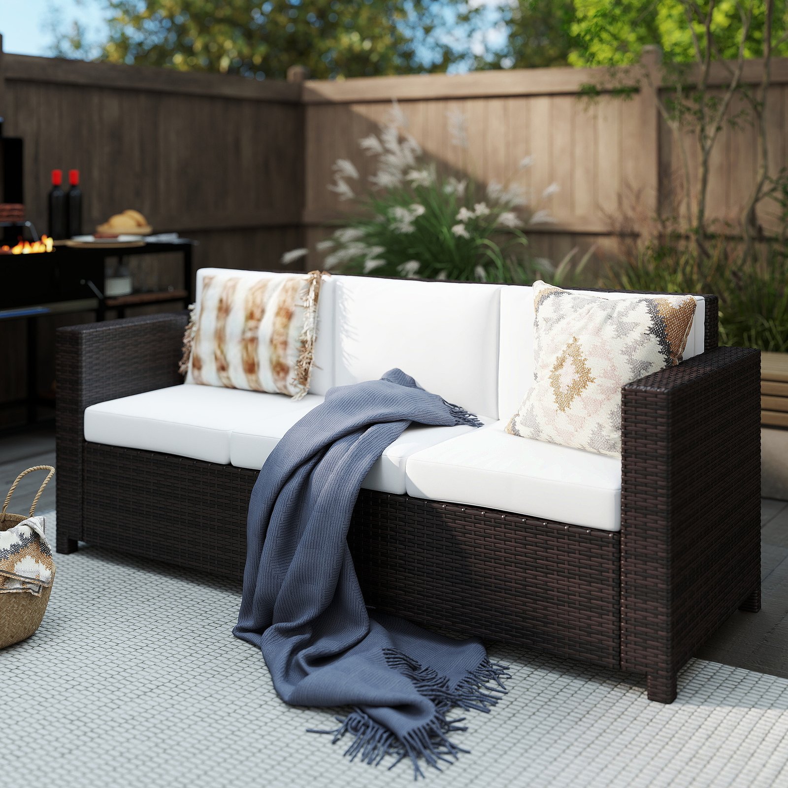 Outsunny 3 Seater Rattan Sofa, All-Weather Wicker Weave Metal Frame Chair with Fire Resistant Cushion, Brown - Image 2