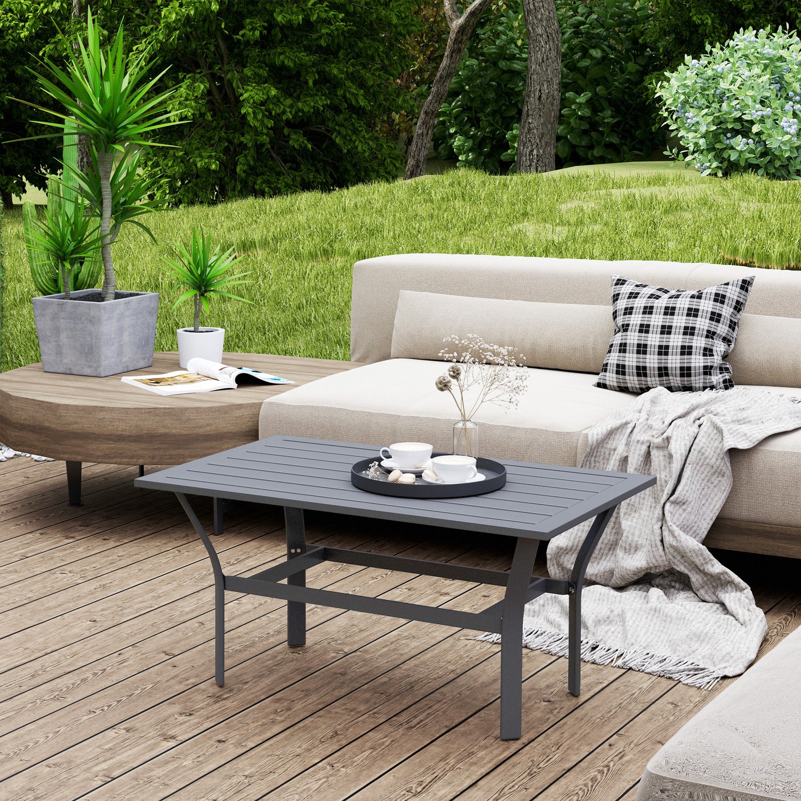 Outsunny Metal Garden Coffee Table, Rectangular Outdoor Side Table with Slatted Tabletop, Foot Pads for Outside, Garden, Balcony, Porch, 91.5 x 55 x 45cm, Dark Grey - Image 2