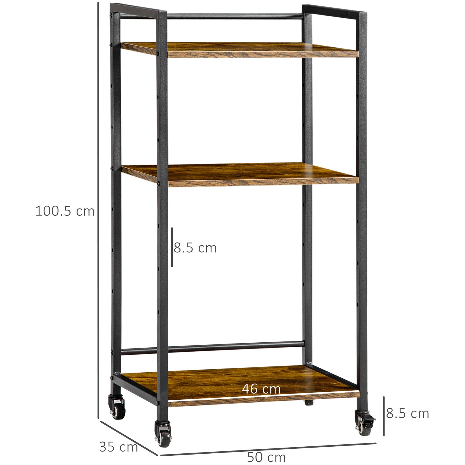HOMCOM 3-Tier Printer Stand, Utility Cart, Rolling Trolley with Adjustable Shelves with Lockable Wheels for Home Office, Rustic Brown - Image 3