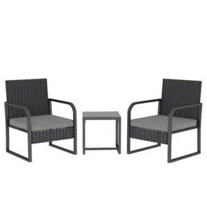 Outsunny Rattan Bistro Set, 3 Piece Garden Furniture Set with Cushions and Glass Top Table, Black