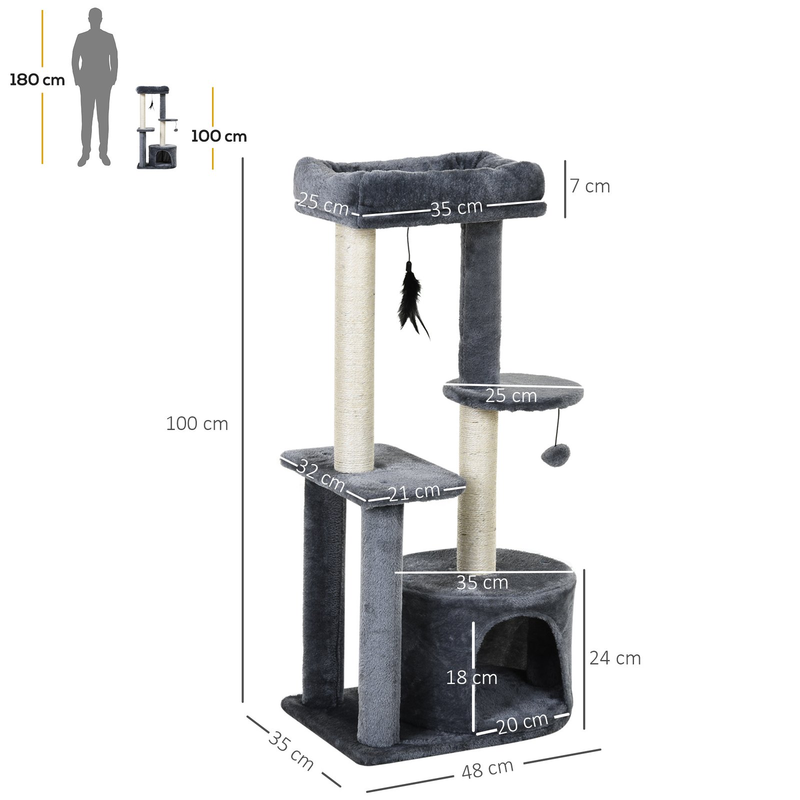PawHut 100cm Cat Tree for Indoor Cats, Cat Tower Condo for Kittens with Cat House Sisal Scratching Posts, Hanging Ball Toys, Perches - Grey - Image 3