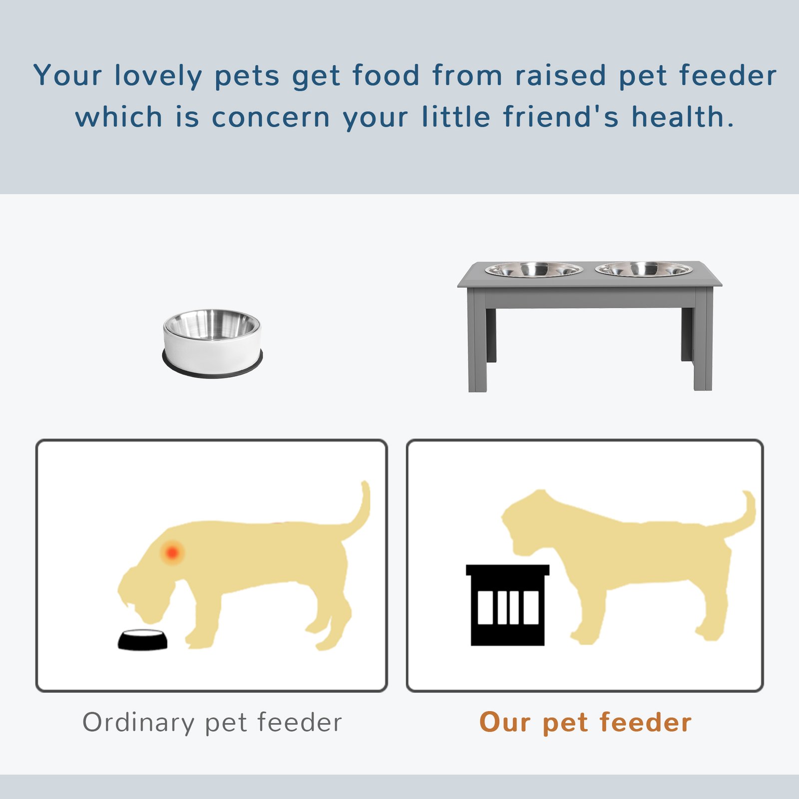 PawHut Raised Dog Feeding Bowls with Stand, Stainless Steel for Medium Dog, 58L x 31W x 25H cm - Grey - Image 4