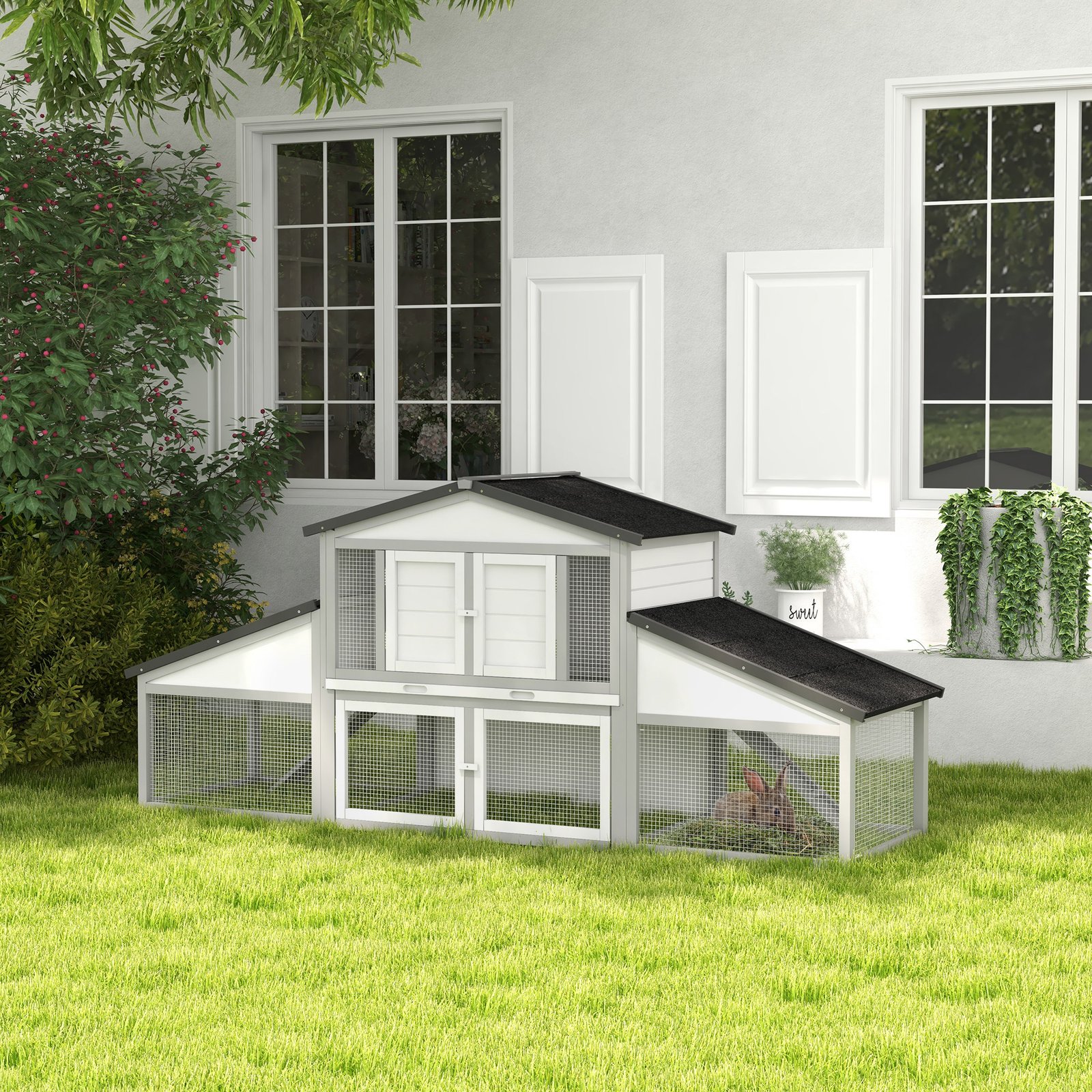 PawHut Large Rabbit Hutch with Run, Outdoor Bunny Cage, with Tray, Ramp - Light Grey - Image 2