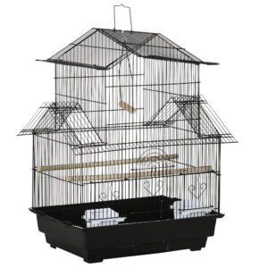 PawHut Metal Bird Cage with Plastic Swing Perch Food Container Tray Handle for Finch Canary Budgie 43.5 x 33 x 63 cm, Black