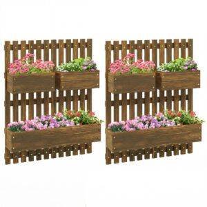 Outsunny Set of 2 Wall-mounted Wooden Garden Planters with Trellis, Drainage Holes and Movable Planter Boxes, Wall Raised Garden Bed for Patio, Carbonised