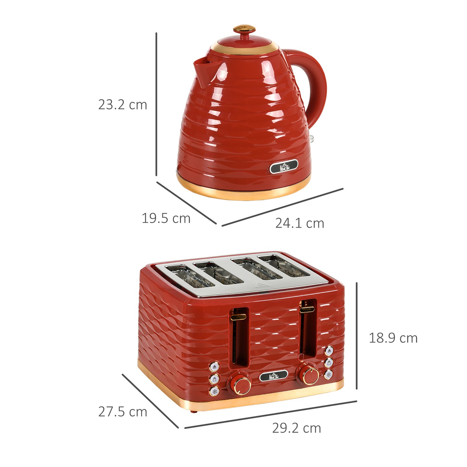 HOMCOM 3000W 1.7L Rapid Boil Kettle & 4 Slice Toaster, Kettle and Toaster Set with 7 Browning Controls and Crumb Tray, Red - Image 3