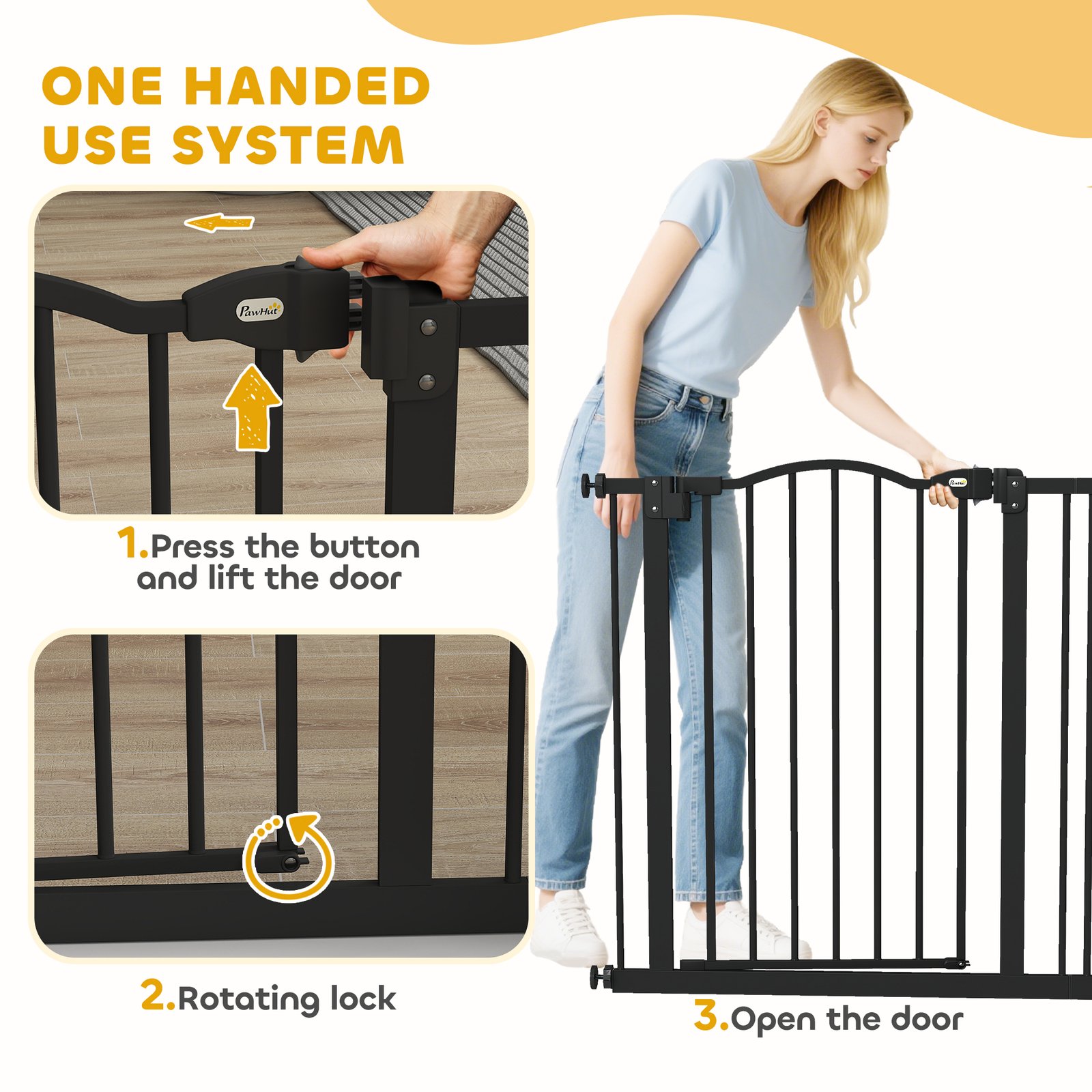 PawHut Metal 74-87cm Adjustable Pet Gate Safety Barrier w/ Auto-Close Door Black - Image 6