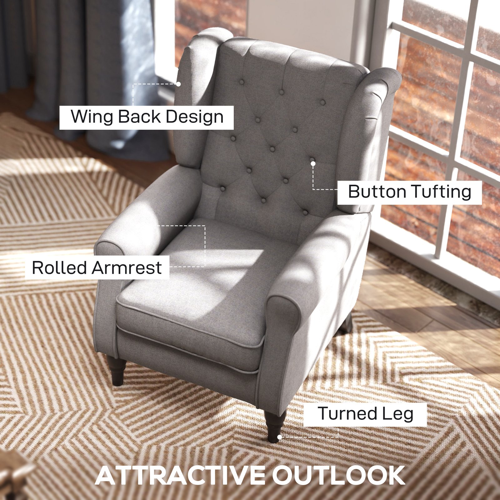 HOMCOM Retro Accent Chair, Wingback Armchair with Wood Frame Button Tufted Design for Living Room Bedroom, Grey - Image 4