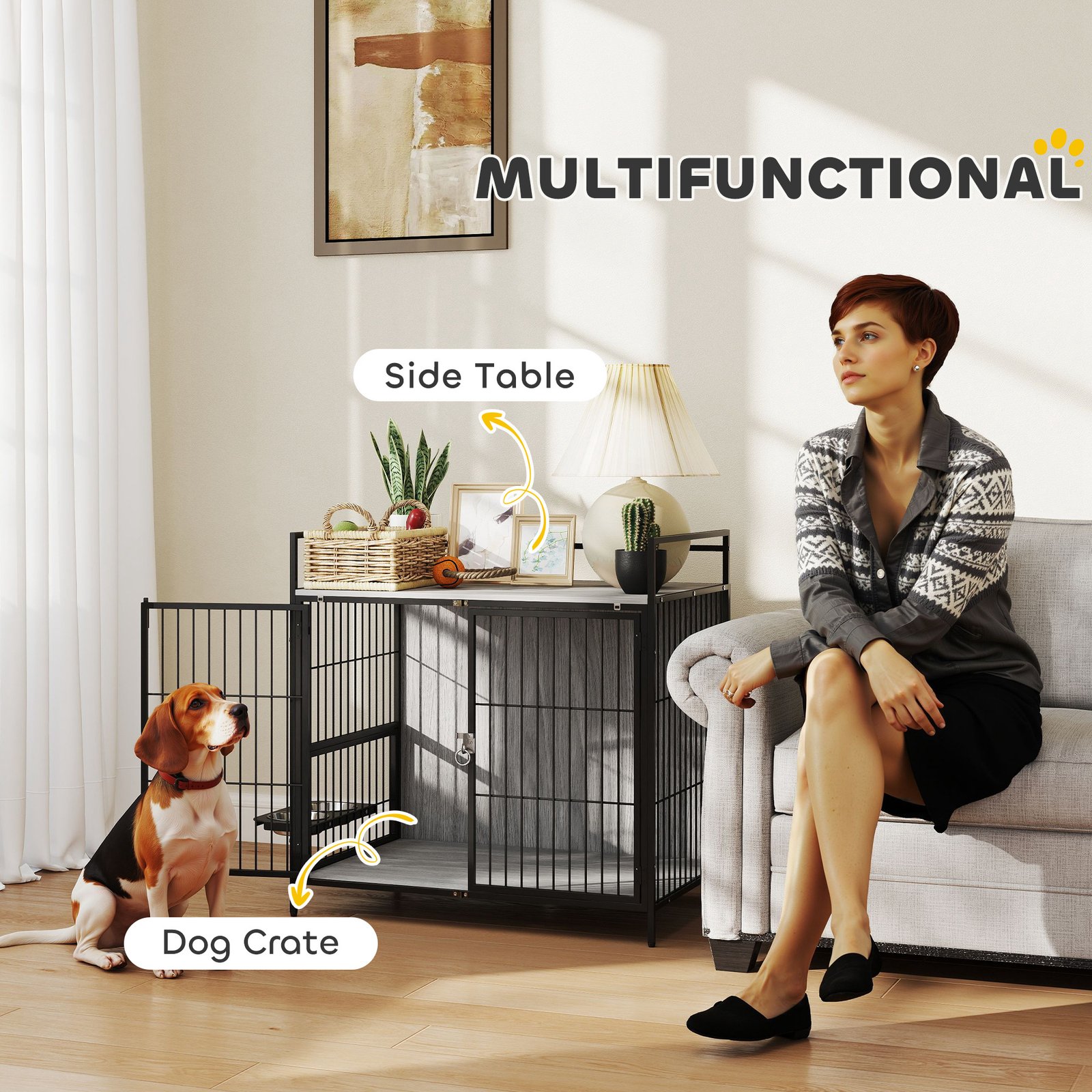 PawHut Dog Crate Furniture with Rotating Bowl Holder, 2 Bowls, 2 Doors, for Medium Dogs, 80 x 56 x 76.5 cm, Grey - Image 4