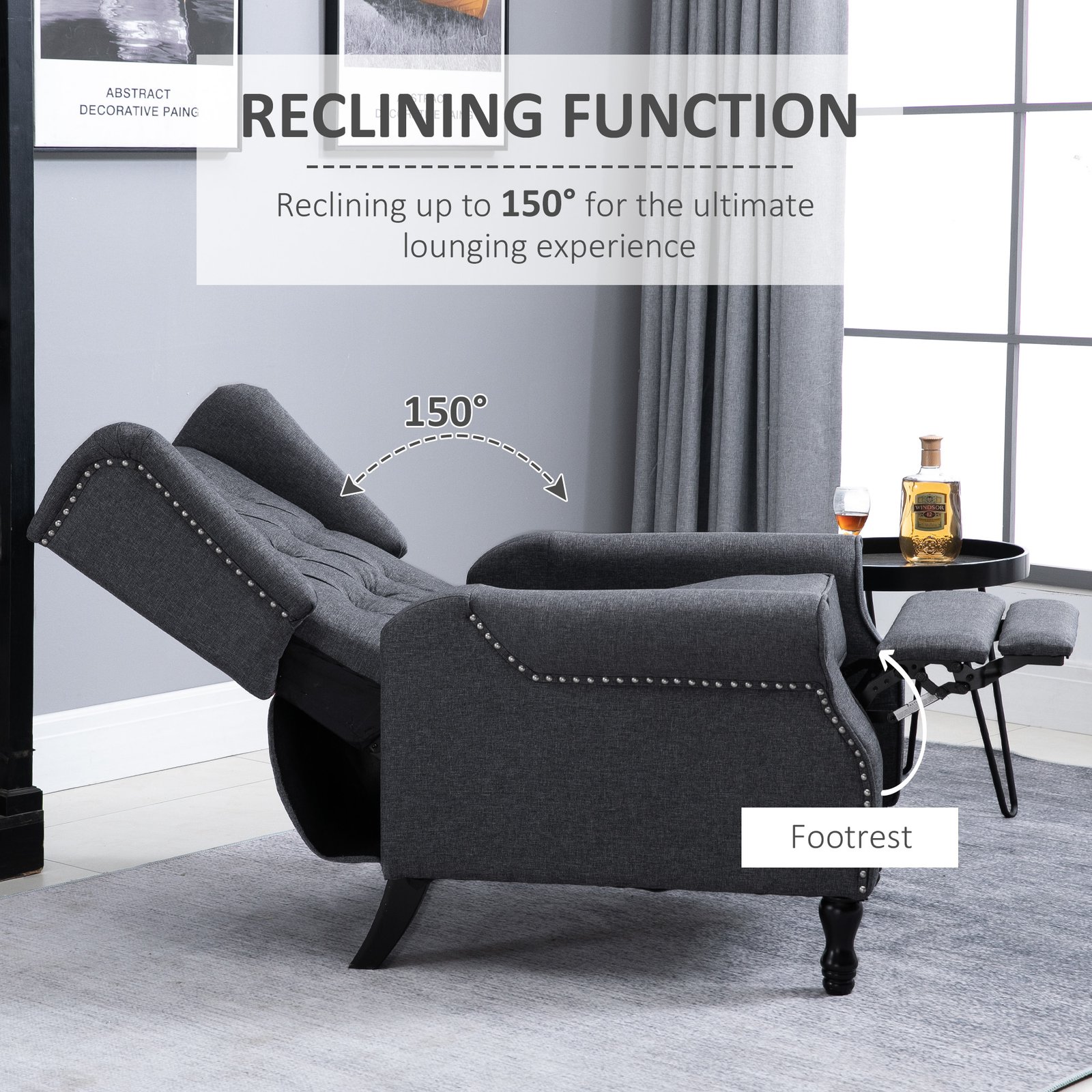HOMCOM Recliner Armchair, Vintage Reclining Chair with Nail Head Trim, Wingback Chair with Button Tufted Back and Footrest, for Living Room, Dark Grey - Image 4