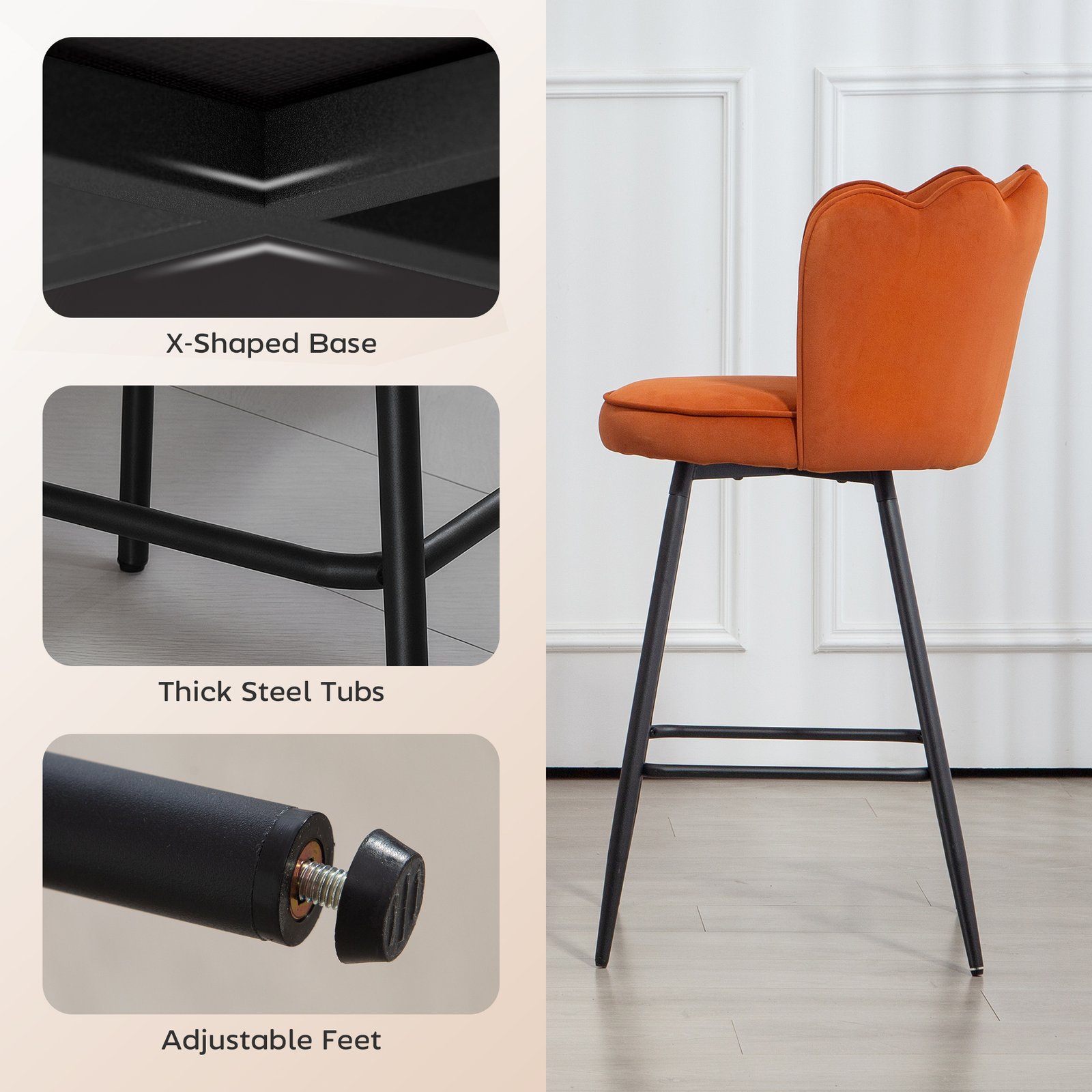 HOMCOM Set of Two Velvet-Feel Lotus Bar Stools - Orange - Image 6
