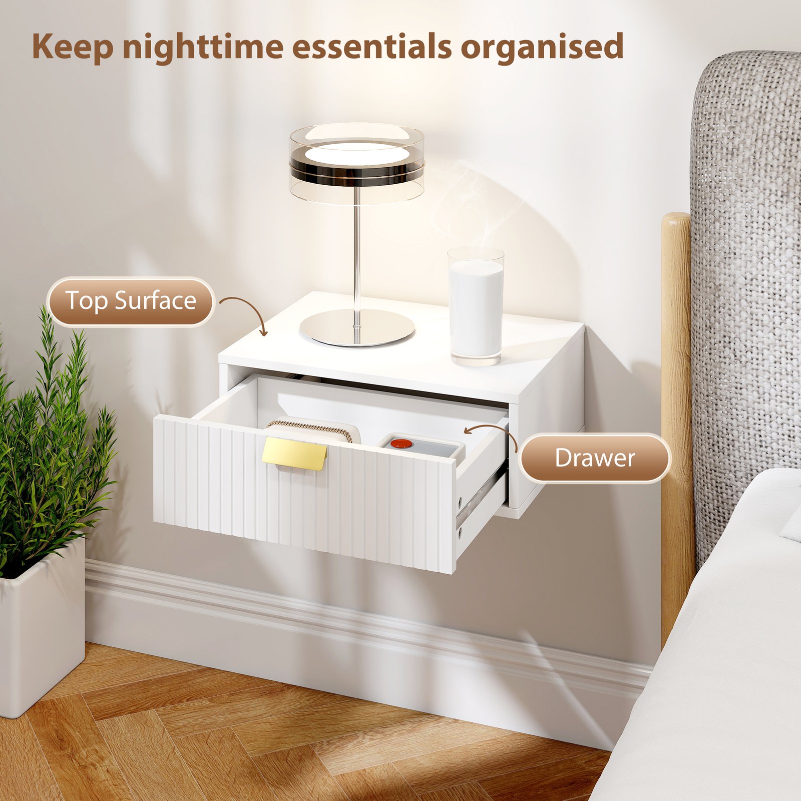 HOMCOM Modern Floating Nightstands Set of 2, Wall Mounted Bedside Tables with Wave Drawer White - Image 5