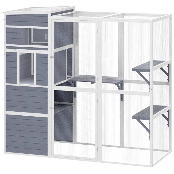 PawHut 4-Tier Wooden Catio Cat Outdoor Enclosure with Sun Roof, Resting Rooms, 3 Platforms, Window Outdoor Indoor, Grey PawHut 4-Tier Wooden Catio Cat Outdoor Enclosure with Sun Roof, Resting Rooms, 3 Platforms, Window Outdoor Indoor, Grey