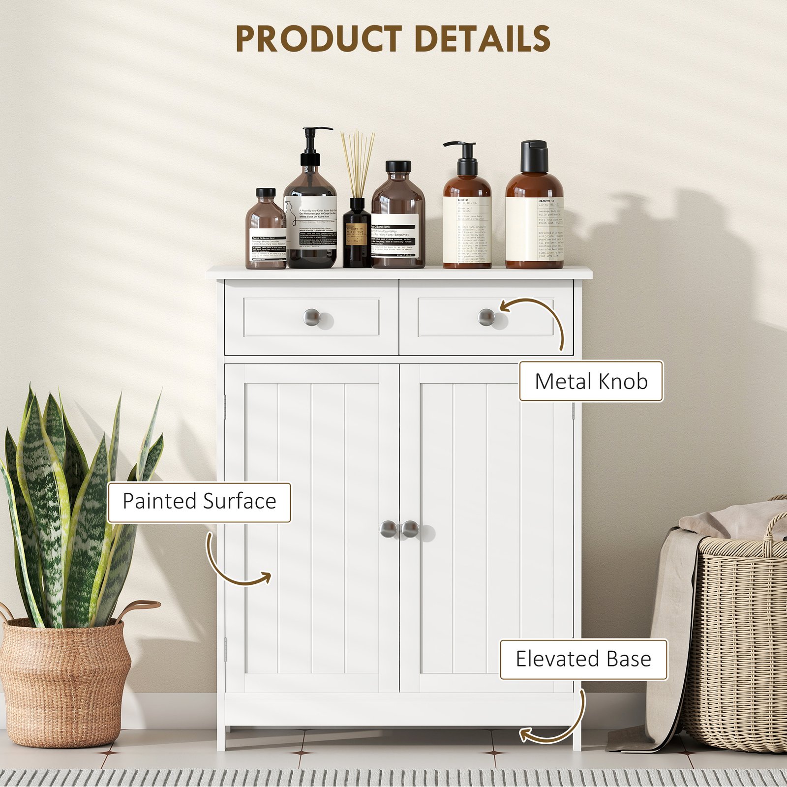 kleankin 75x60cm Freestanding Bathroom Storage Cabinet Unit w/ 2 Drawers Cupboard Adjustable Shelf Metal Handles Traditional Style White - Image 6