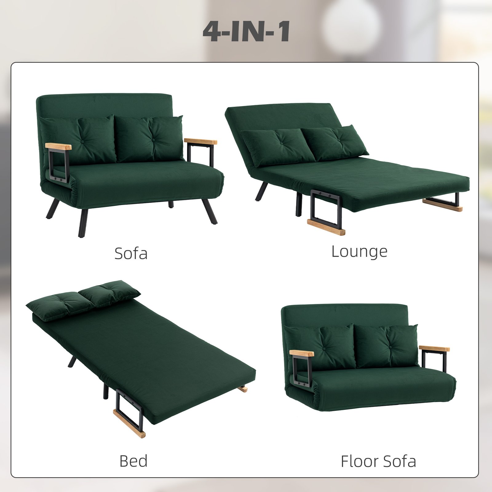 HOMCOM 4-in-1 Velvet-Feel Double Sofa Bed, with Pillows - Green - Image 4