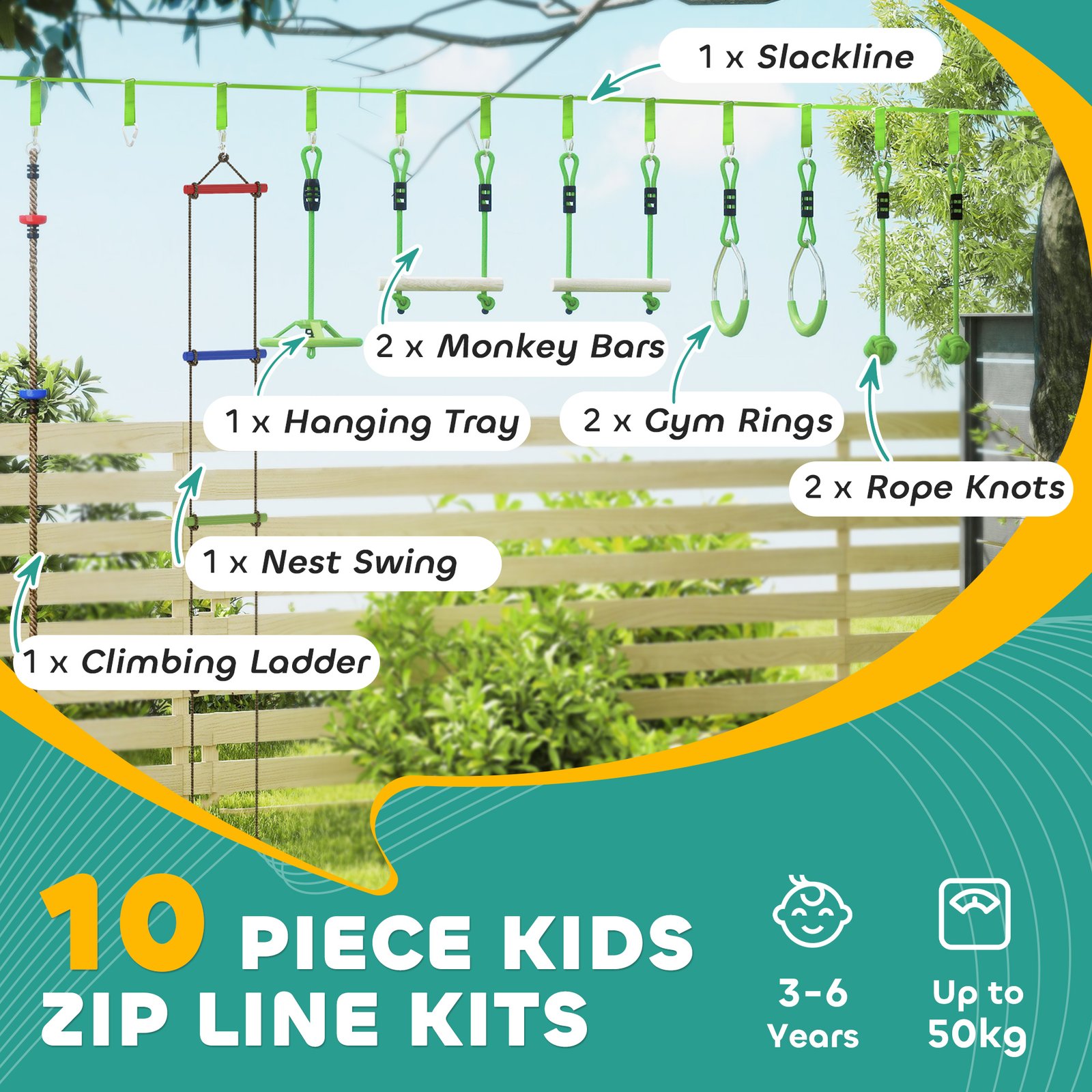 AIYAPLAY Obstacle course for Kids, with 10-Piece Slackline Kit with Monkey Bars, Gym Rings, Rope Ladder, Nest Swing, Hanging Tray - Image 4