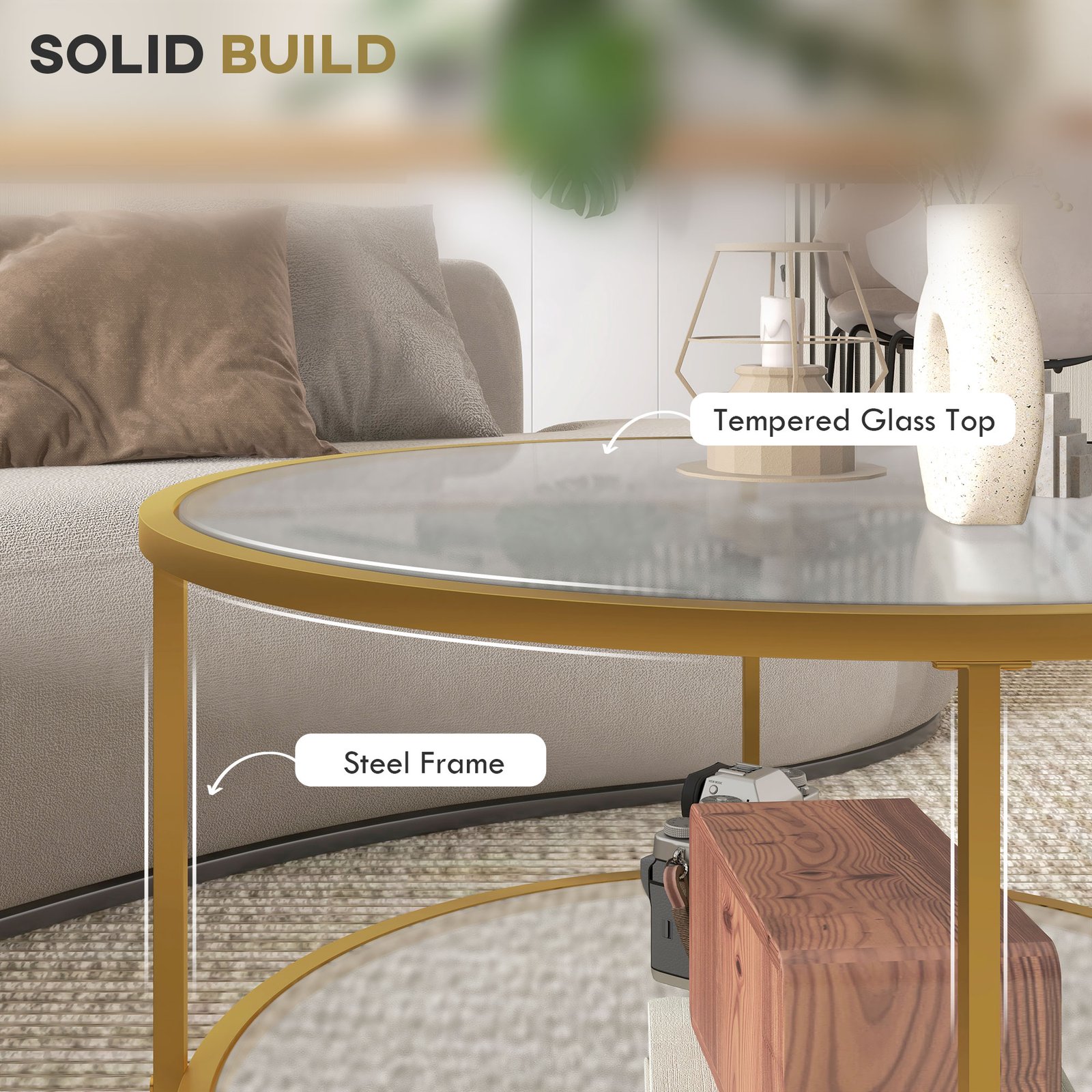 HOMCOM Round Coffee Table with Storage, 2-Tier Tempered Glass Coffee Table with Steel Frame for Living Room, Gold Tone - Image 5