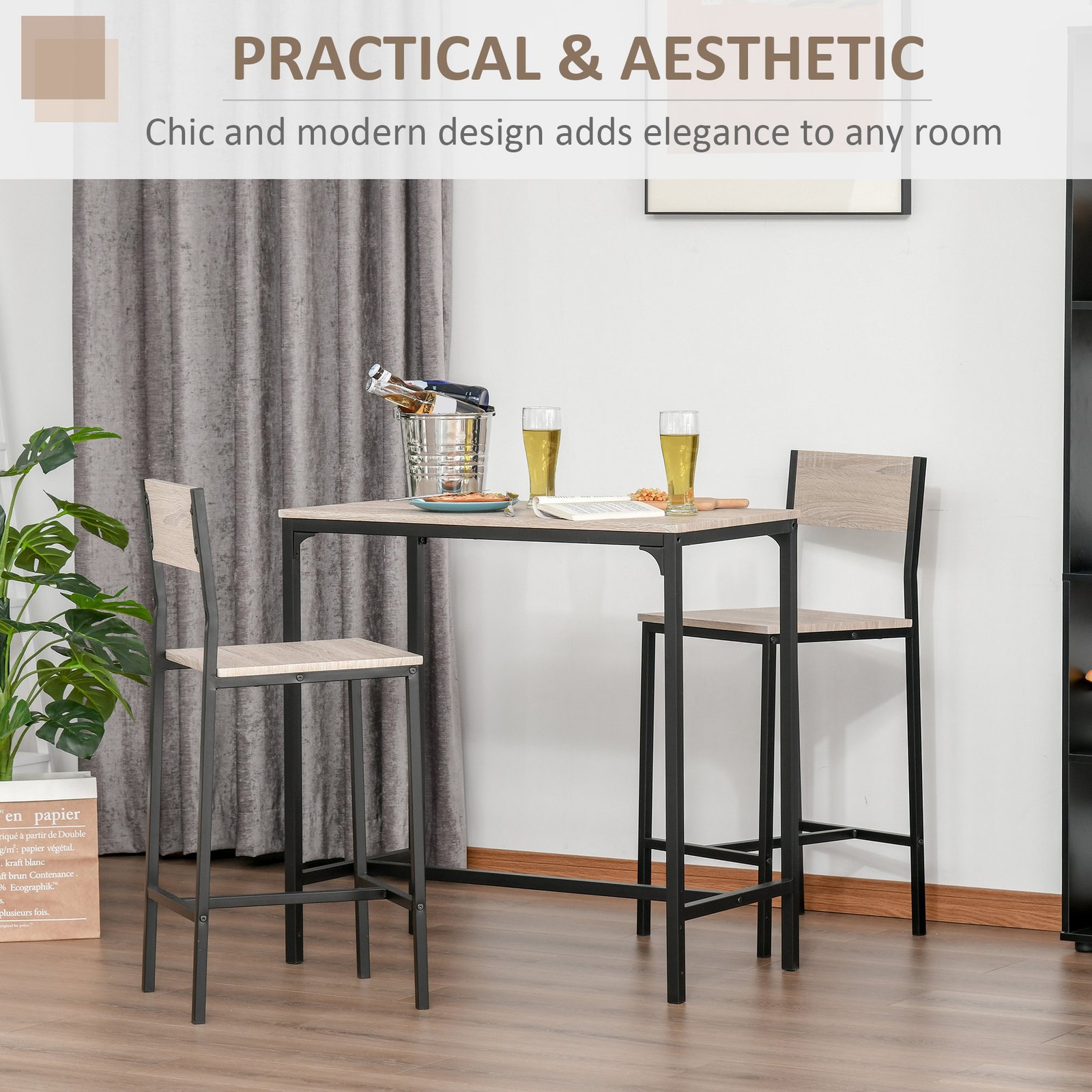 HOMCOM 3-Piece Bar Table Set with 2 Stools, Industrial Breakfast Bar Set with Footrest, Backrest for Dining Room, Small Space - Image 6