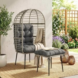 Outsunny Garden Egg Chair with Footstool, Rattan Indoor Outdoor Lounge Chair and Ottoman Set with Thick Cushions, Light Grey
